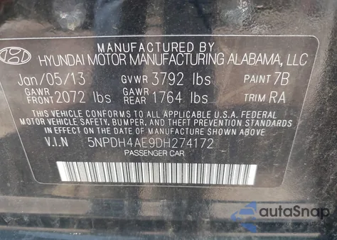 2013 Hyundai Elantra Gls z USA, uszkodzony, nr VIN 5NPDH4AE9DH274172